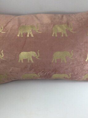 Thurston Reed Velvet Rectangular Pillow Pink Velvet Gold Elephants 22" x 12"